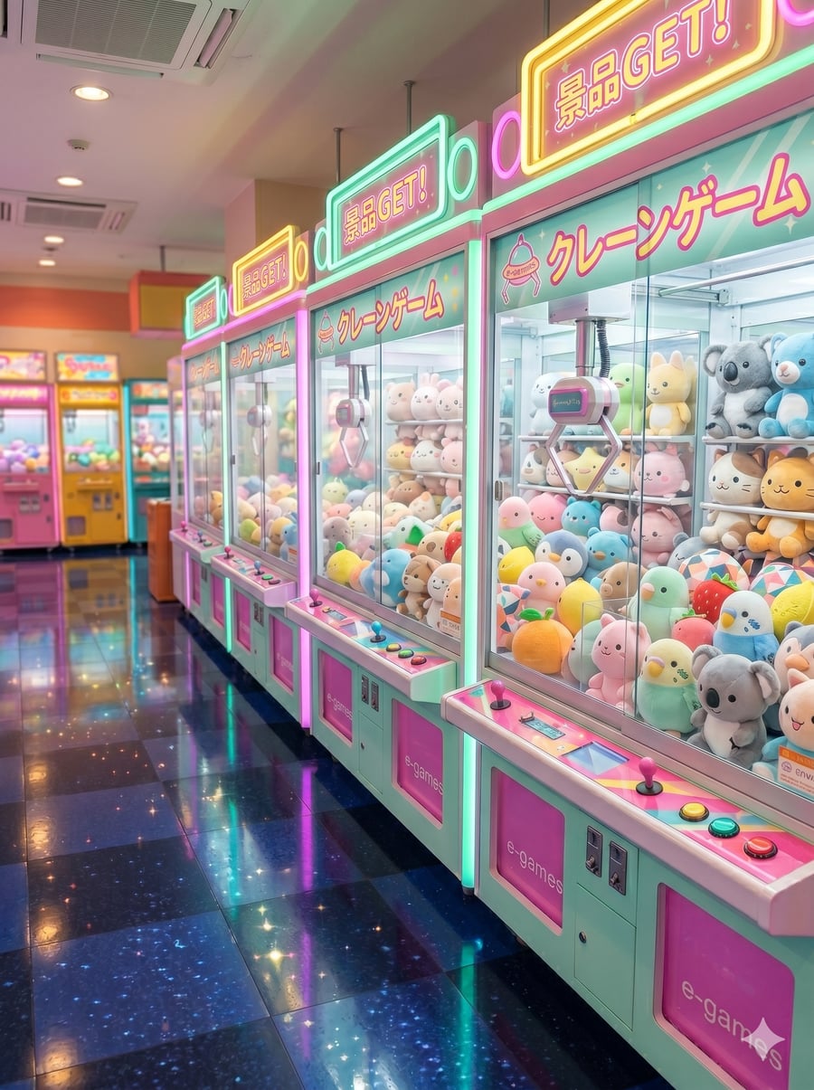 ゲームセンター内に並ぶe-gamesのクレーンゲーム機