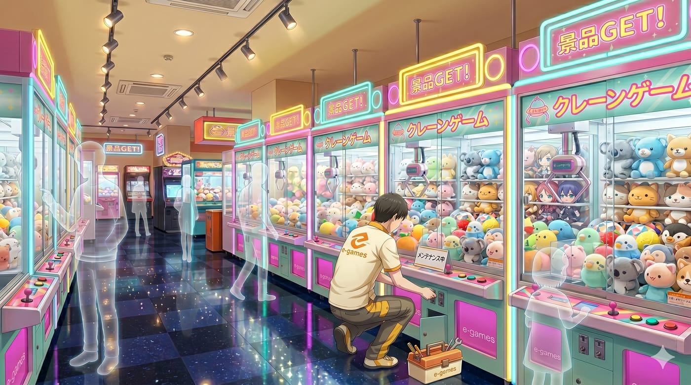 ゲームセンターに並ぶe-gamesのクレーンゲーム機